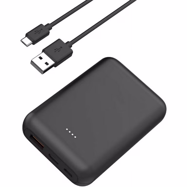 The Power Bank Upgrade is a black portable power bank featuring four LED indicator lights and comes with a USB to micro USB charging cable.