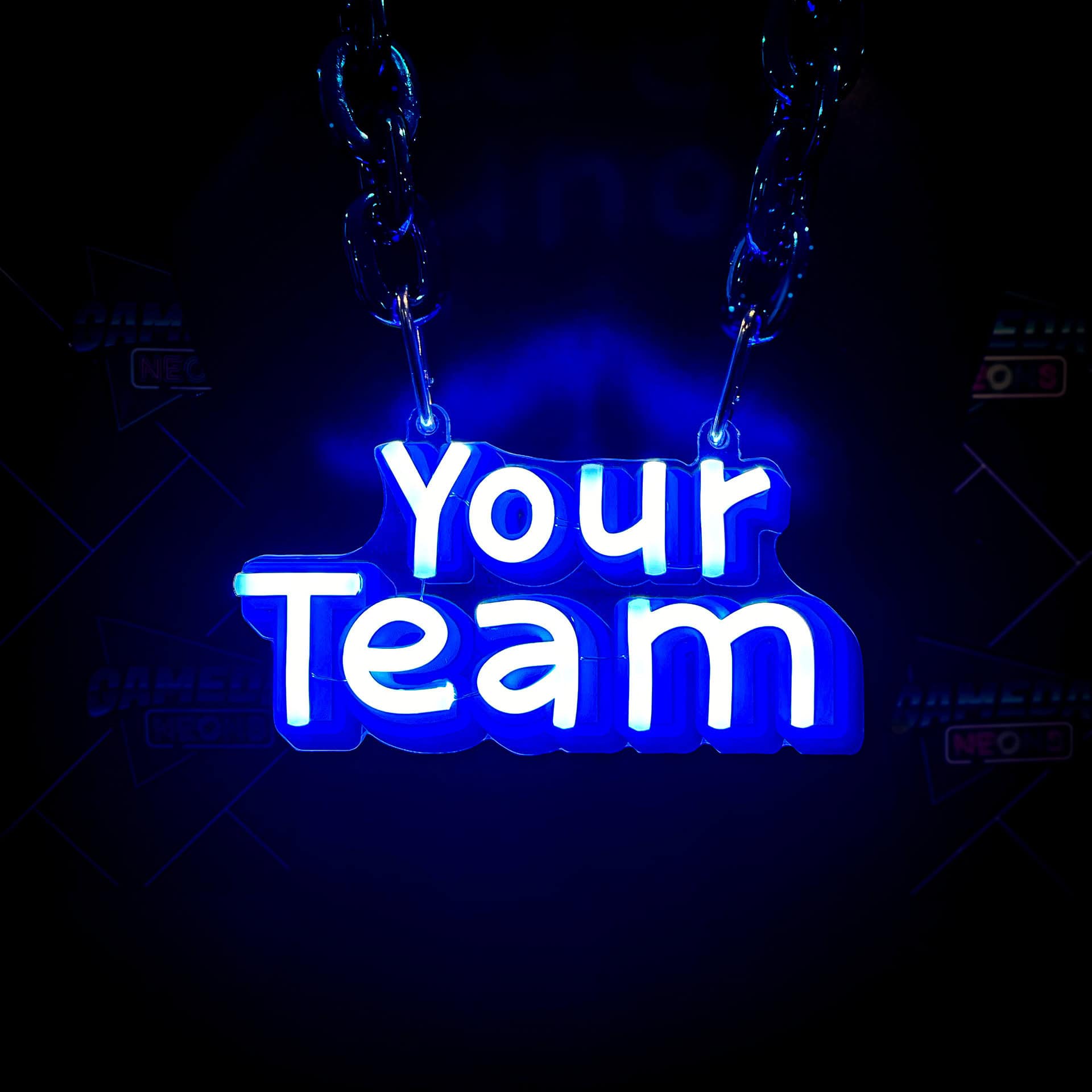 A glowing blue neon sign with the words "Your Team" hangs from two metal chains, resembling bold turnover chains, against a dark background.